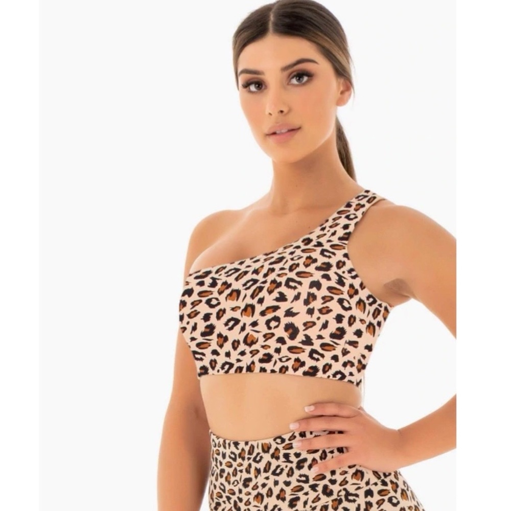 Ryderwear animal print/leopard one shoulder sports bra.